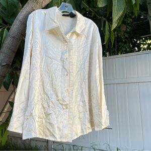 Crossing Pointe 100% Silk Semi Button Down in Cream with Ruffling Detail